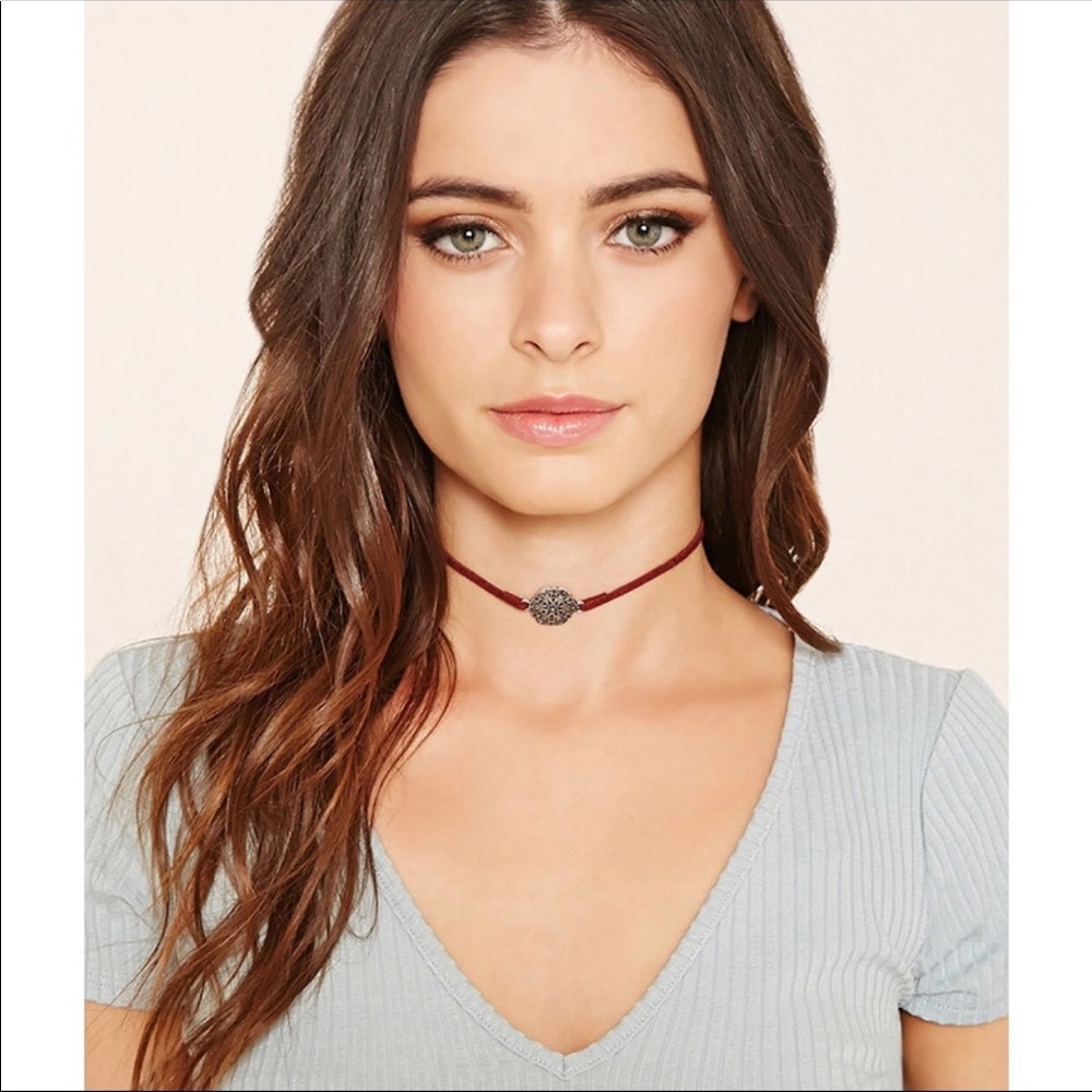 ✨ Dainty Red Suede Silver Charm Holiday Choker